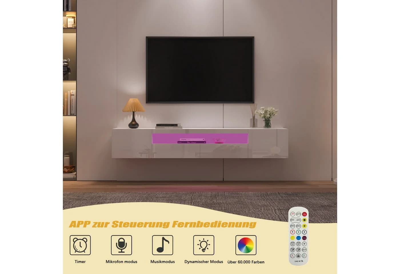 radelldar Lowboard 180cm Hochglanz mit LED-Beleuchtung und Stauraum - Bild 5
