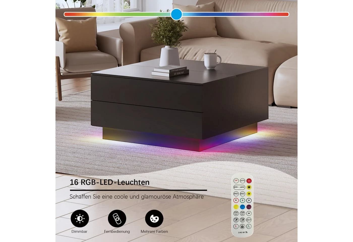 radelldar Couchtisch Wohnzimmertisch LED-Beleuchtung 78x78x40cm - Bild 5