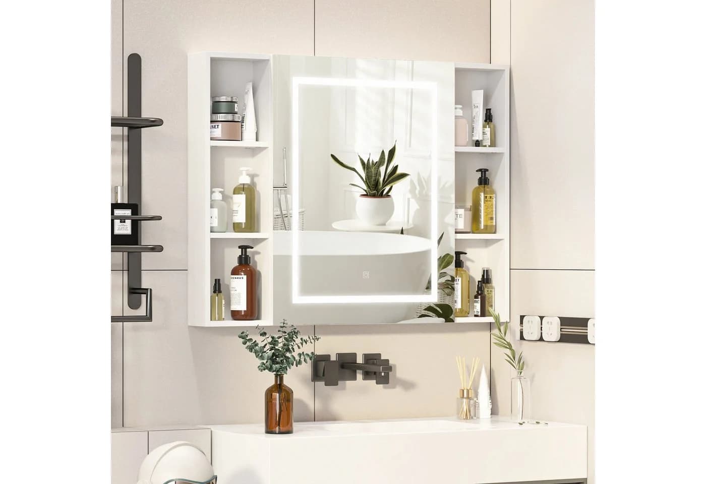 Radelldar Badezimmerspiegelschrank mit LED & Regalen, 100x76 cm, Weiß - Bild 2
