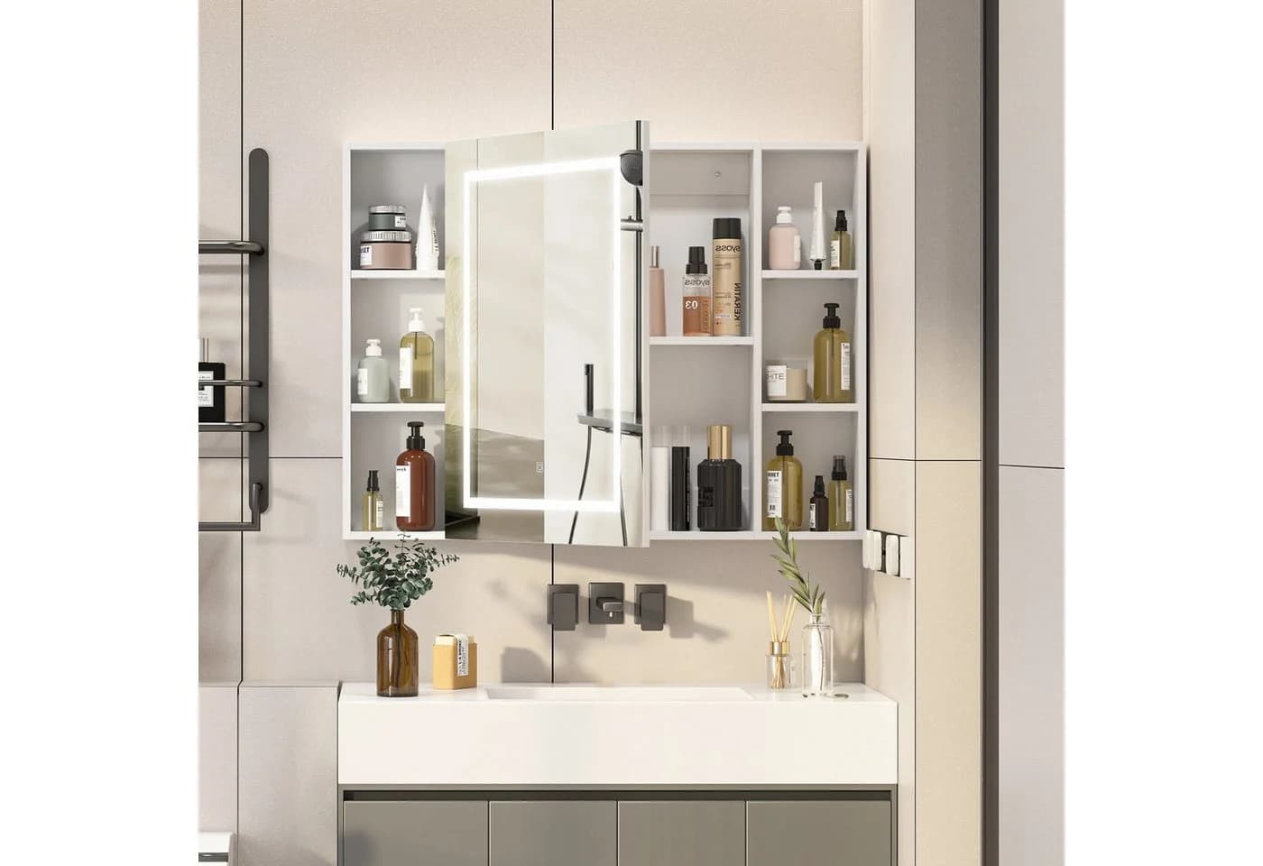 Radelldar Badezimmerspiegelschrank mit LED & Regalen, 100x76 cm, Weiß - Bild 3