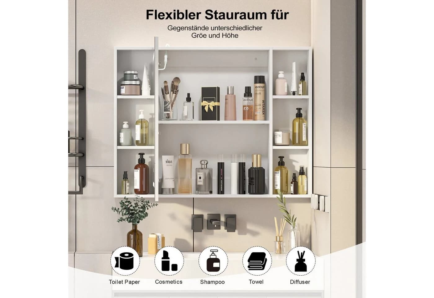 Radelldar Badezimmerspiegelschrank mit LED & Regalen, 100x76 cm, Weiß - Bild 5