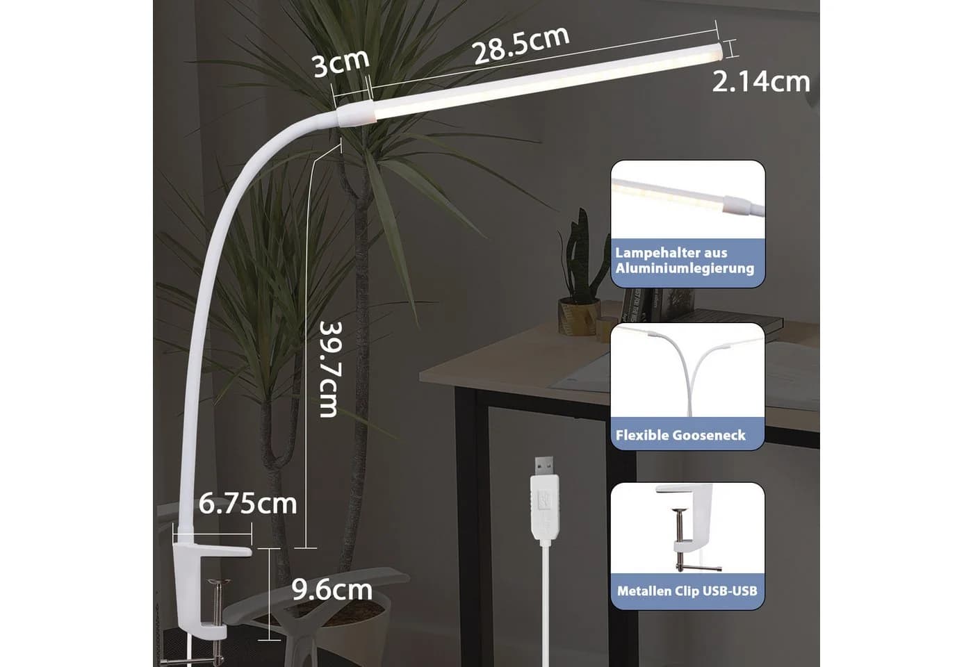 ZMH LED Tischleuchte Klemmbar Schwarz/Weiß Tageslichtlampe USB 5W Büro