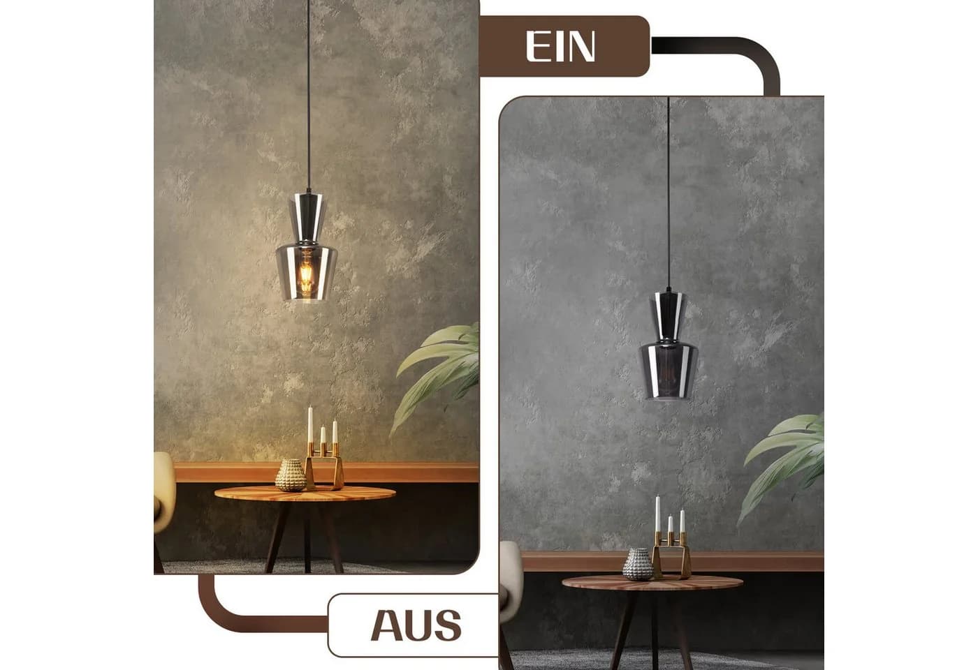 ZMH Pendelleuchte Vintage Rauchglas E27 Schwarz/Grau