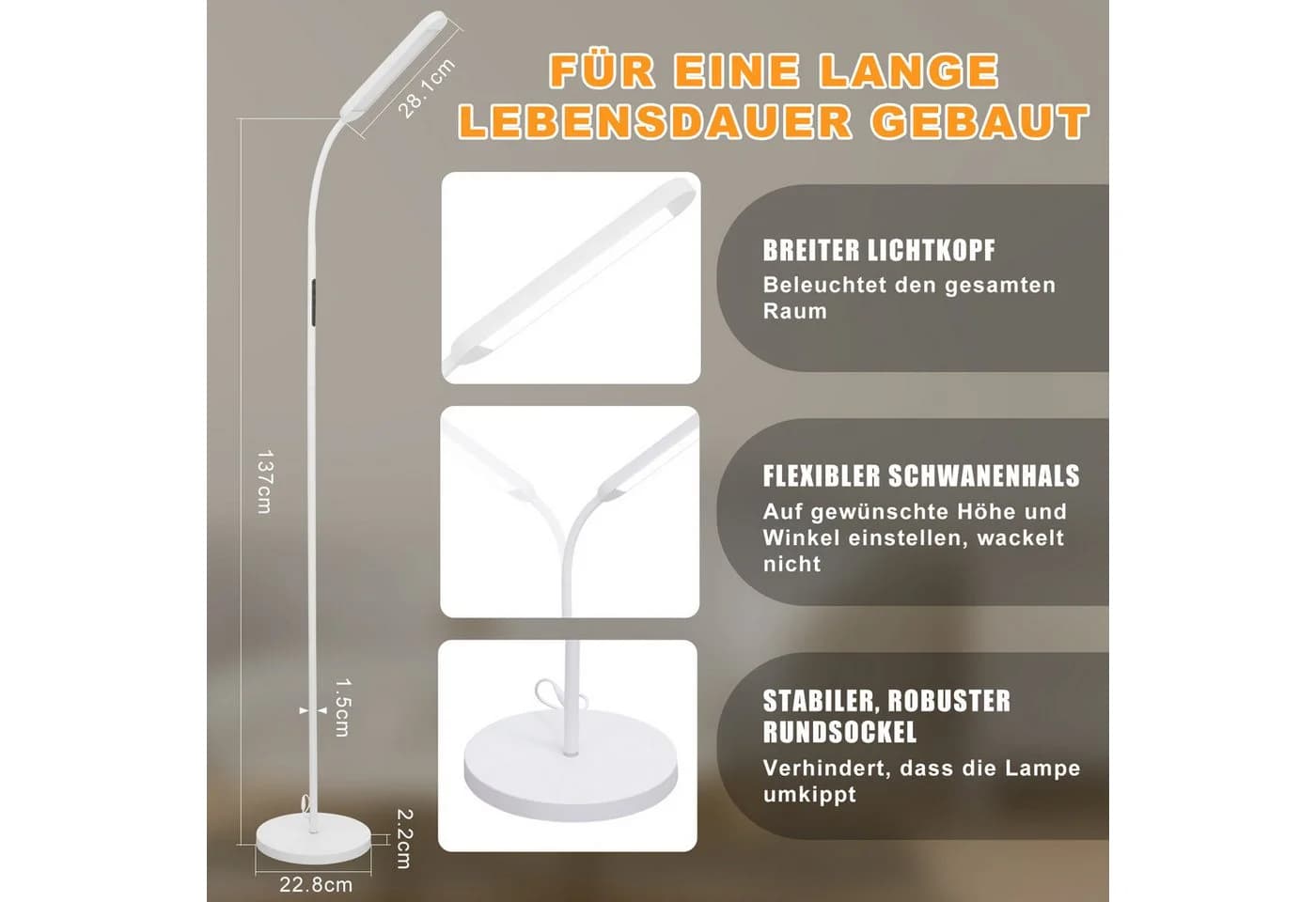 ZMH LED Stehlampe Dimmbar Schwarz/Weiß 11W 360° Flexibler Schwanenhals - Bild 3