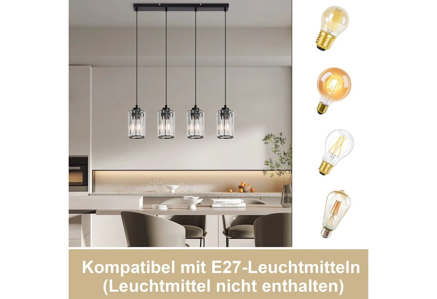 ZMH Pendelleuchte 4-flammig Schwarz Modern Kristall Höhenverstellbar