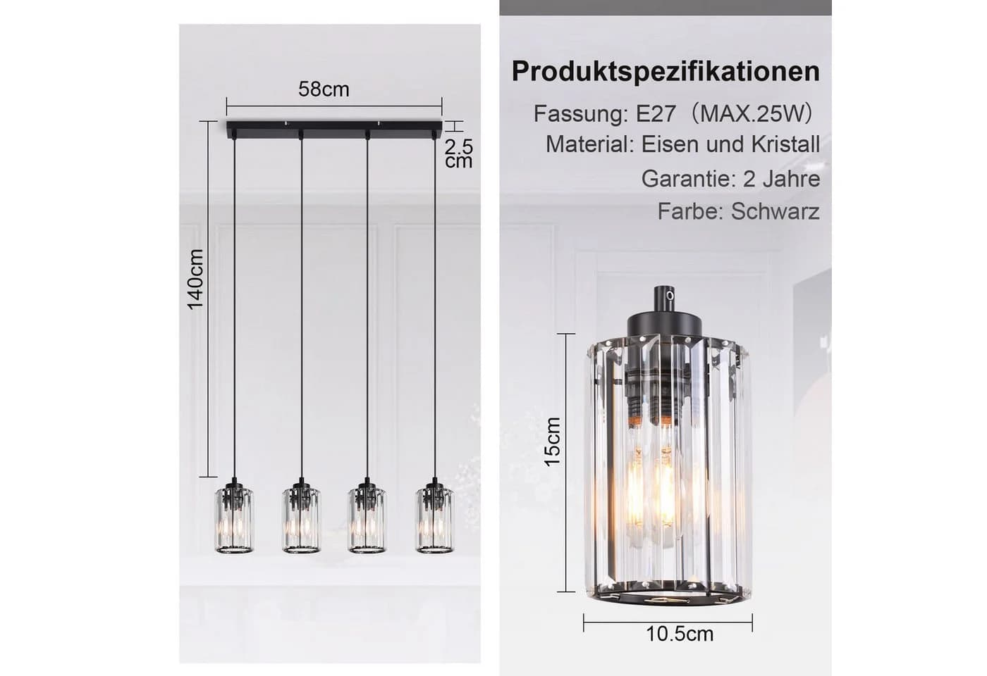 ZMH Pendelleuchte 4-flammig Schwarz Modern Kristall Höhenverstellbar - Bild 3