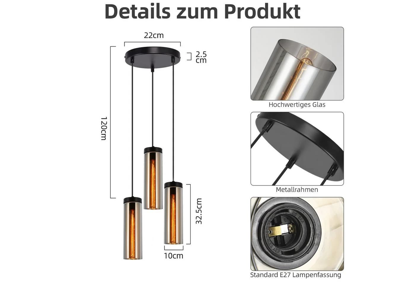 ZMH Pendelleuchte Schwarz Rauchgrau Eisen Glas Modern - Bild 3