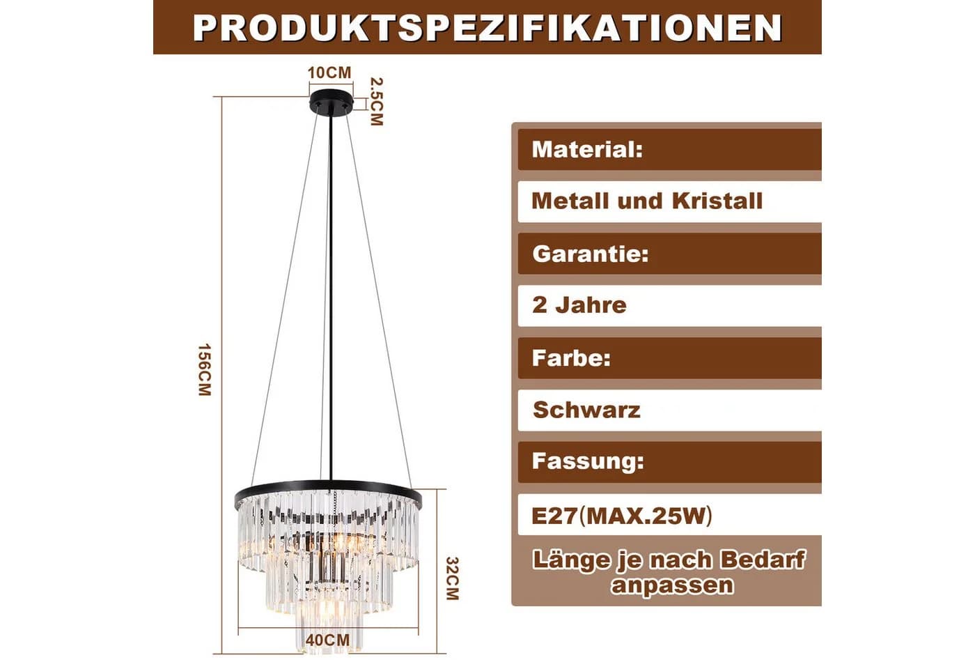 ZMH Pendelleuchte Esszimmer E27 Kristall Design Hängelampe Schwarz - Bild 3