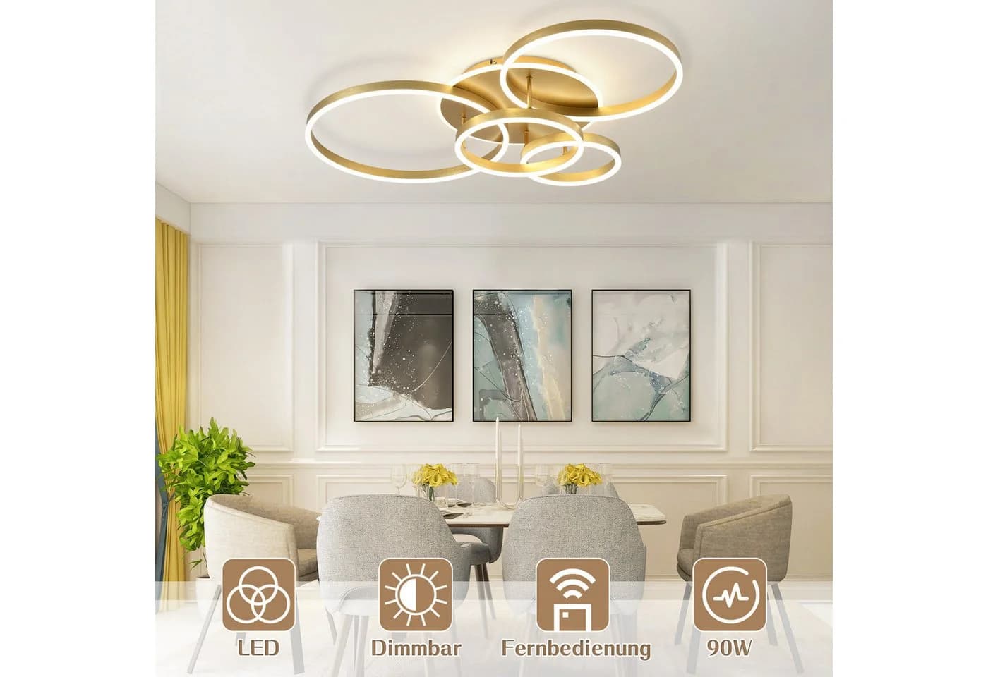 ZMH LED Deckenleuchte Wohnzimmer Modern Gold Dimmbar 90W