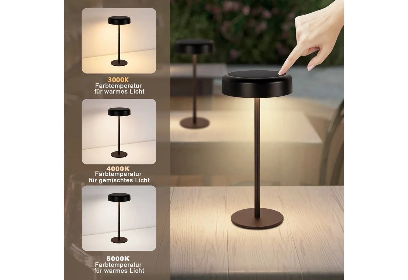 ZMH LED Tischleuchte Kabellos Solar Akku Nachttischlampe Touch Dimmbar 3000-6500K - Bild 4