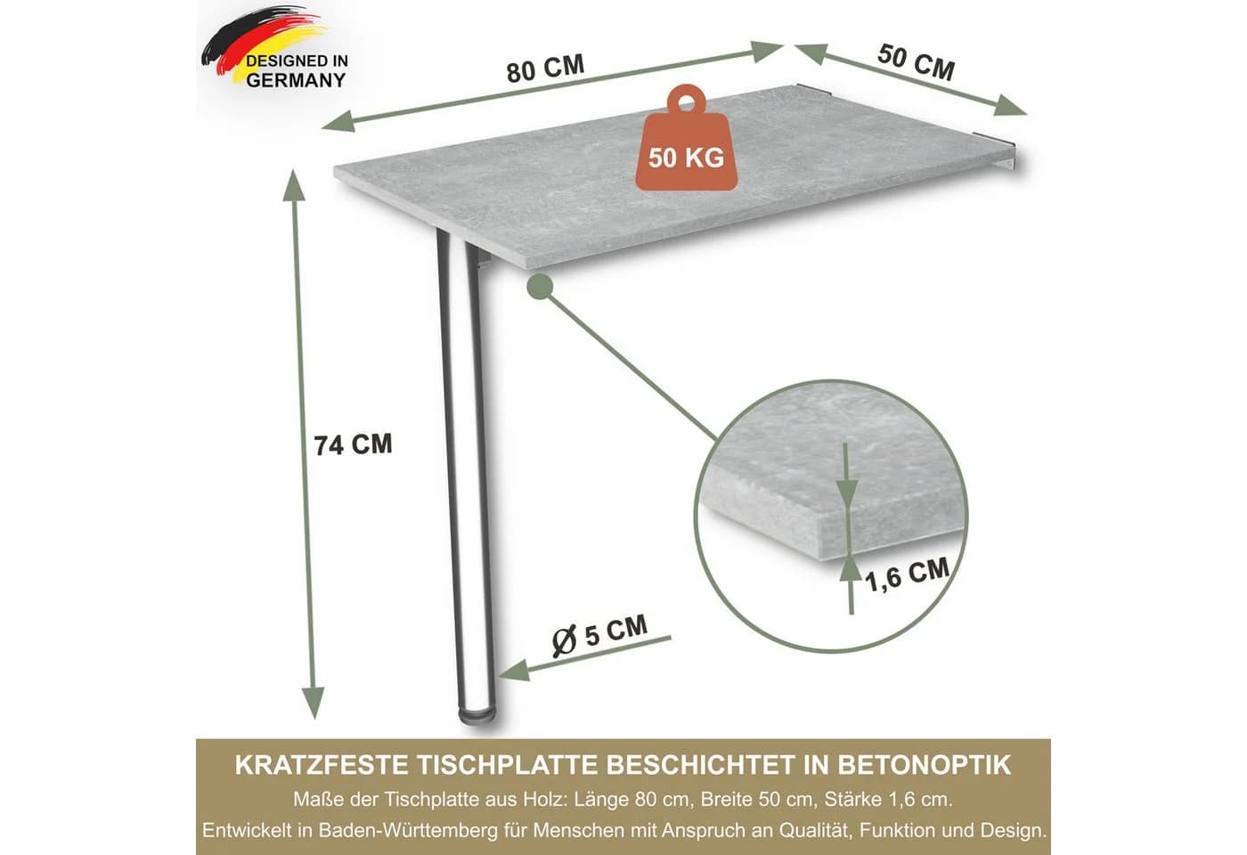 KDR Produktgestaltung Klapptisch 80x50 Wandklapptisch Beton - Bild 5