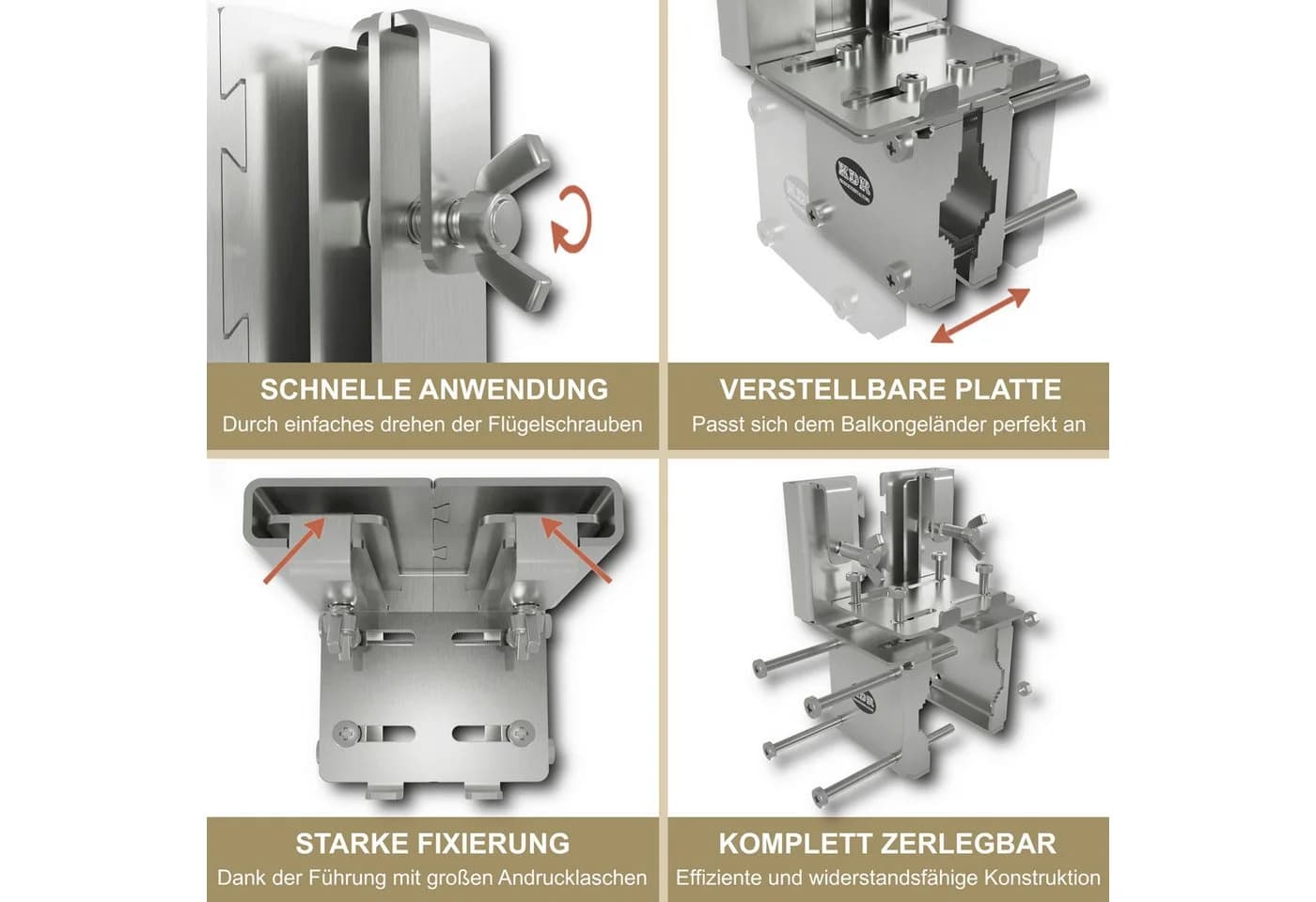KDR Produktgestaltung Balkonfächerhalter Edelstahl Bohrfrei - Bild 4