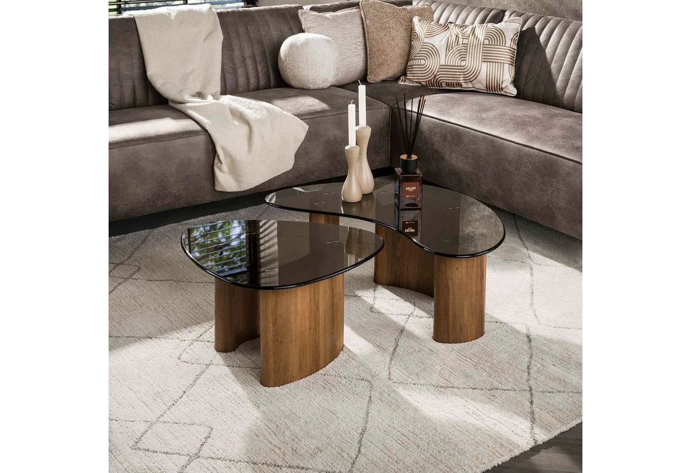LEVEN Lifestyle Couchtisch-Set LUNA 2-tlg. mit Rauchglasplatte und Eichenoptik - Bild 2