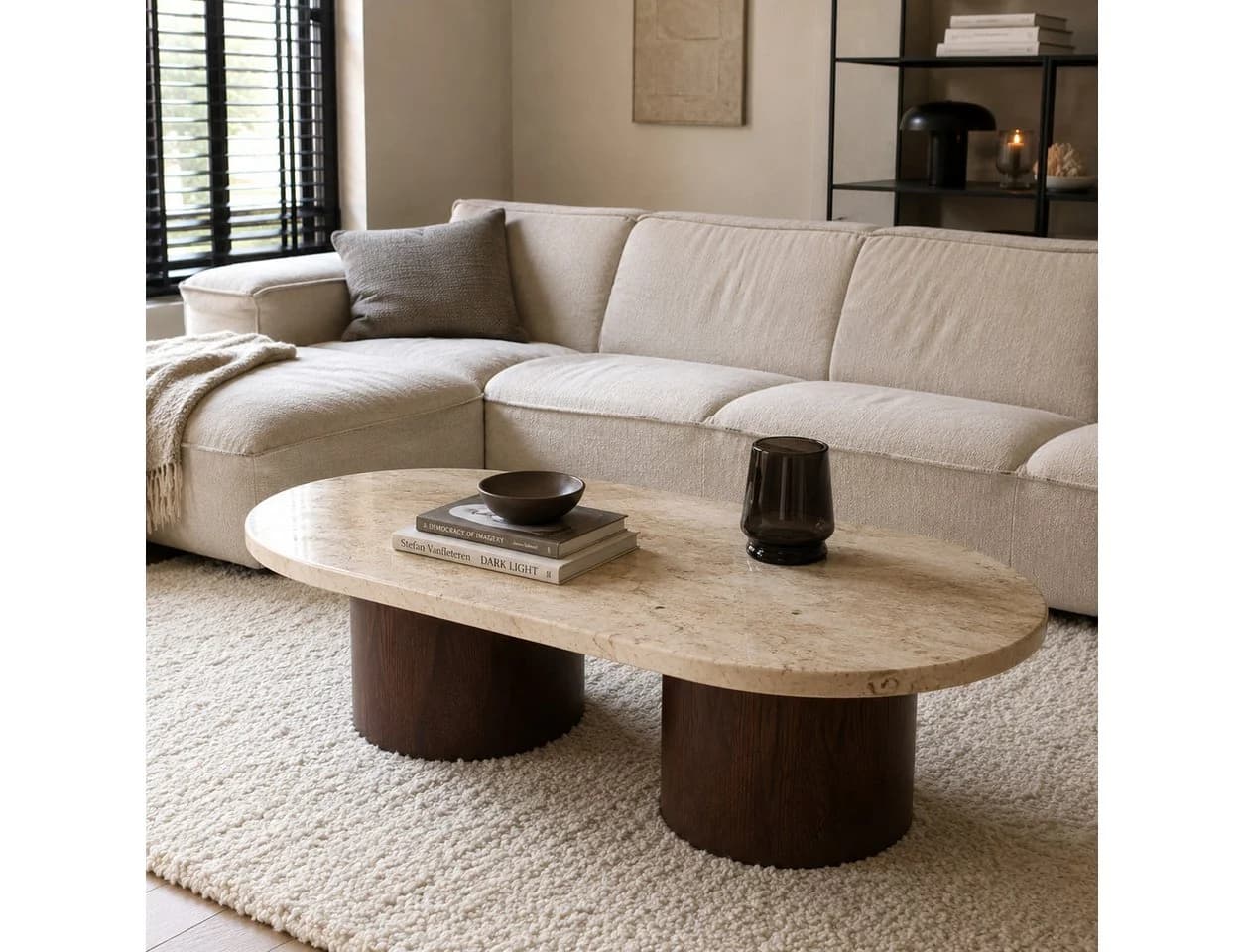 Maison ESTO Couchtisch NACERA oval Naturstein Mangoholz beige-braun - Bild 2