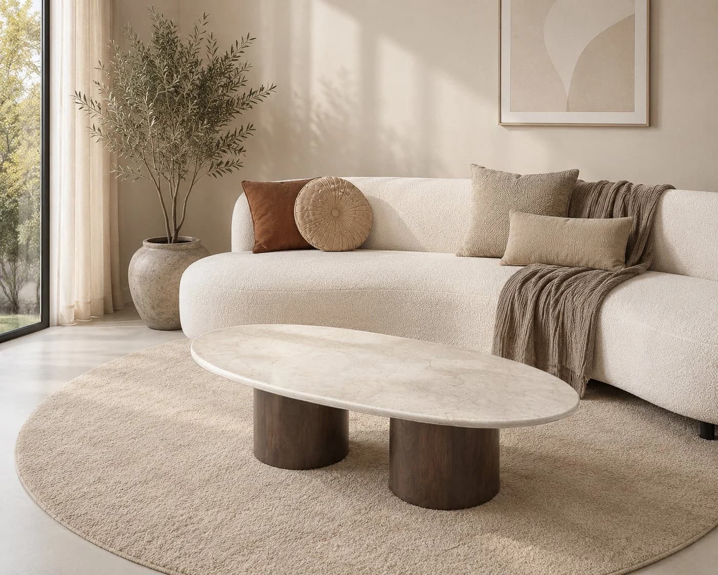 Maison ESTO Couchtisch NACERA oval Naturstein Mangoholz beige-braun - Bild 3