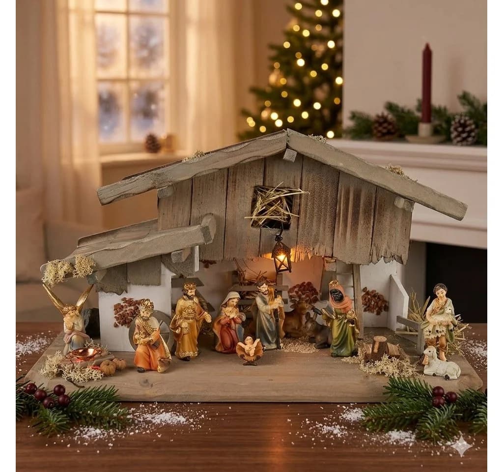 Krippenursel Weihnachtskrippe Eismannsberg 12-tlg. Handarbeit Holz Moos Heu