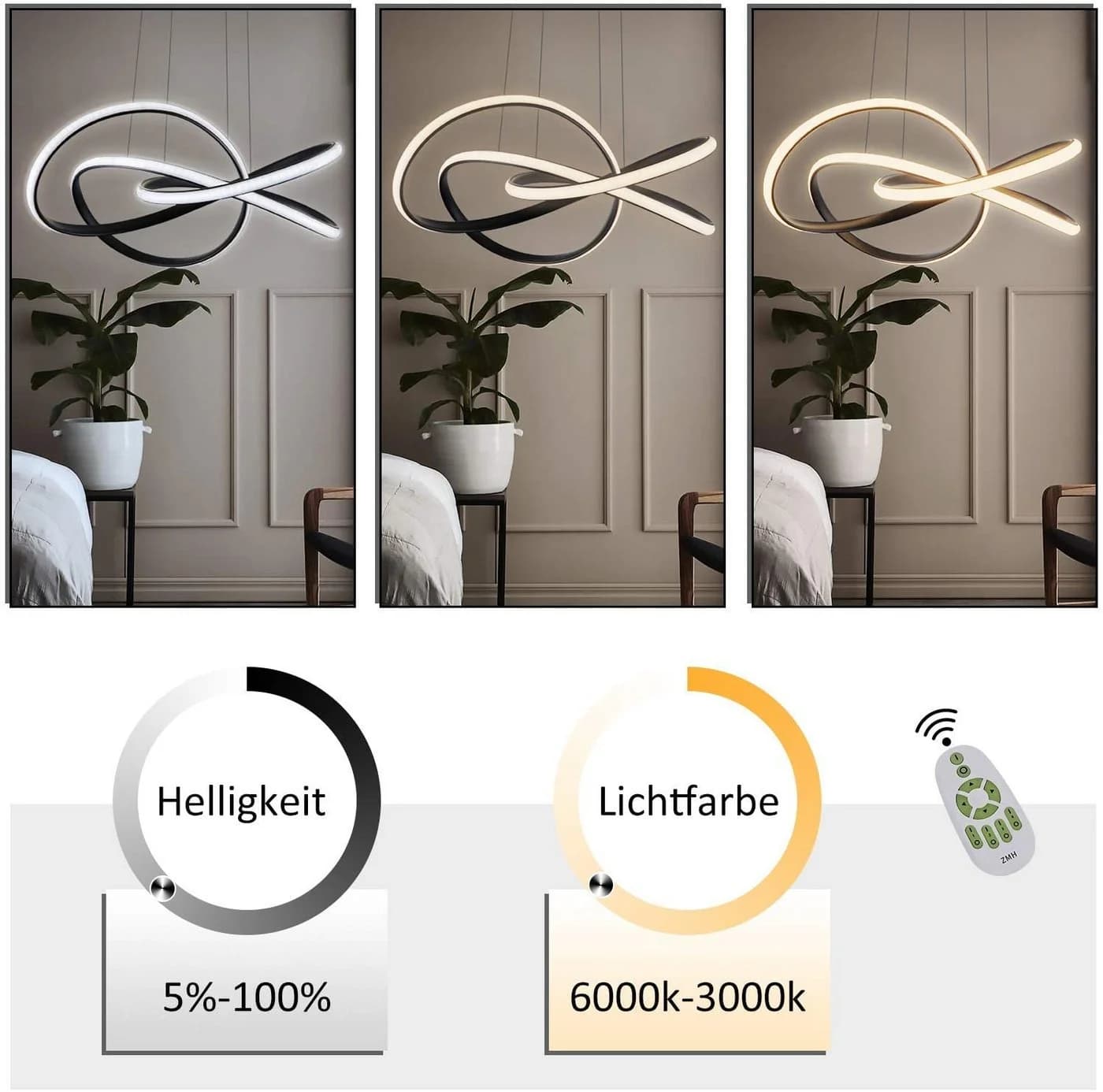 ZMH LED Pendelleuchte Höhenverstellbar 62cm Weiß Fernbedienung - Bild 4