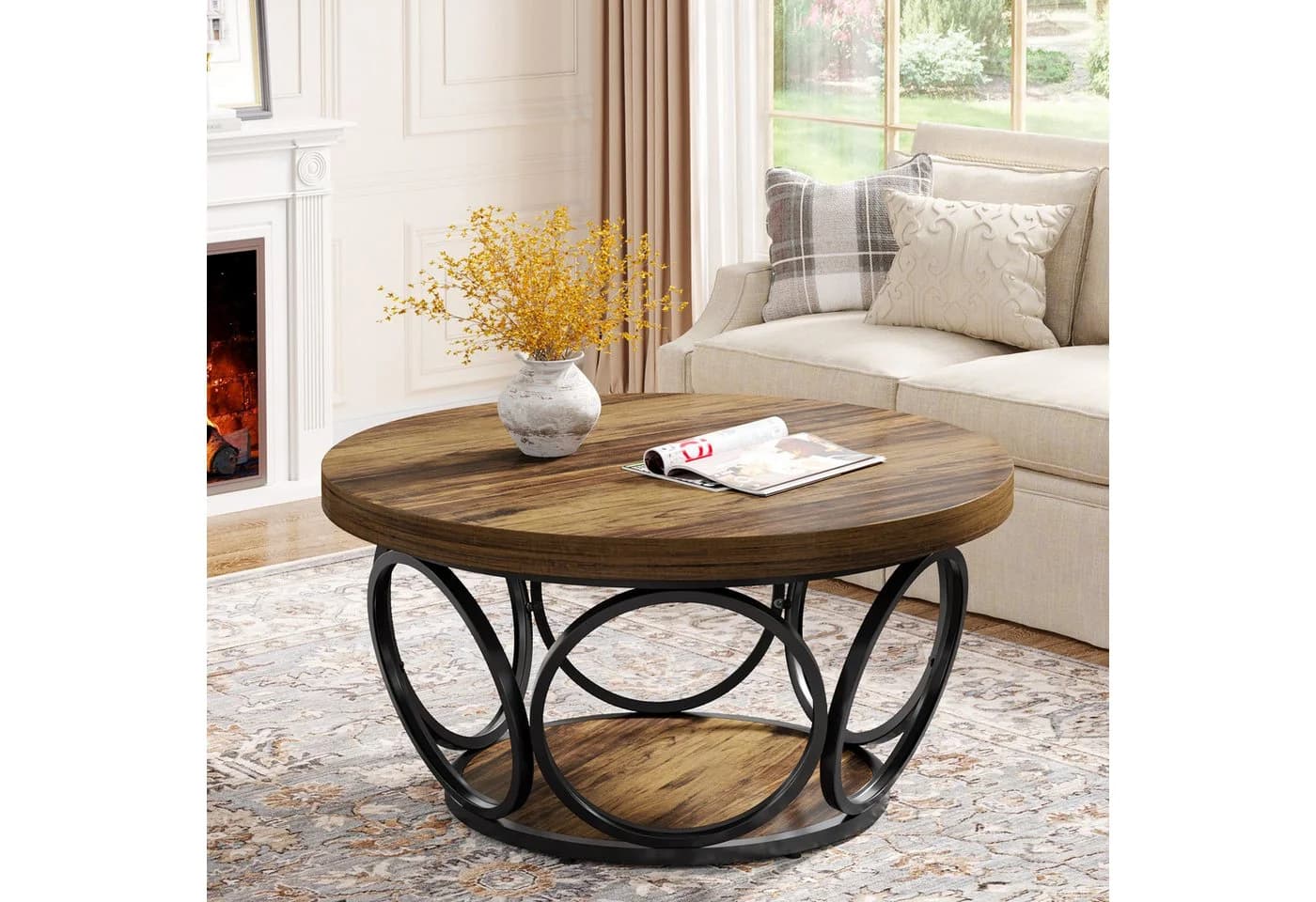 Tribesigns Couchtisch Runde Kaffeetisch Beistelltisch Industrial 2-Tier-Kreis Holztisch Holzmaserung