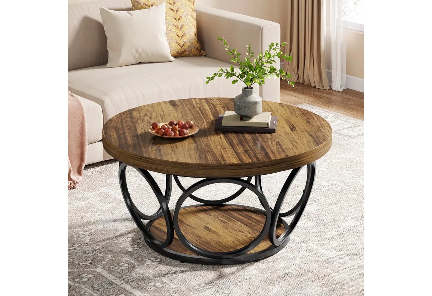 Tribesigns Couchtisch Runde Kaffeetisch Beistelltisch Industrial 2-Tier-Kreis Holztisch Holzmaserung - Bild 2