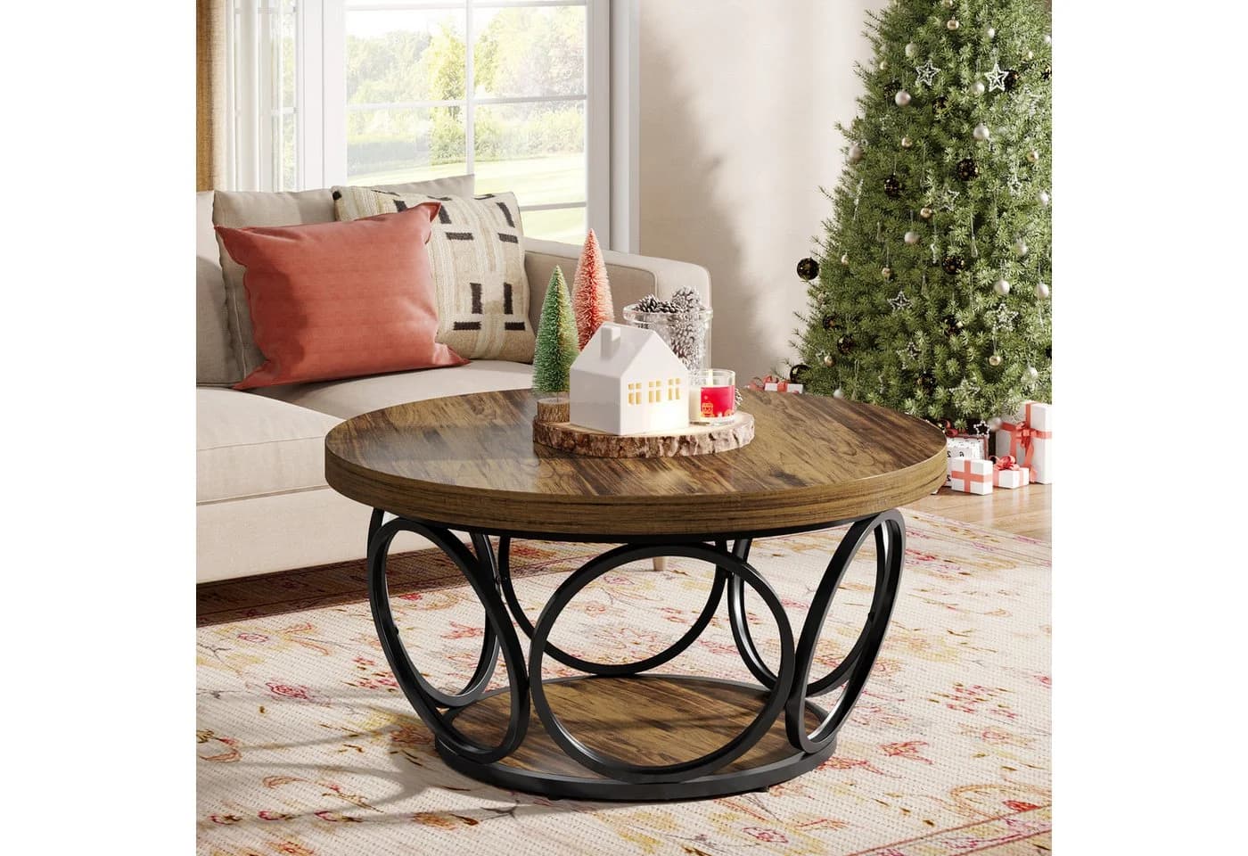 Tribesigns Couchtisch Runde Kaffeetisch Beistelltisch Industrial 2-Tier-Kreis Holztisch Holzmaserung - Bild 3