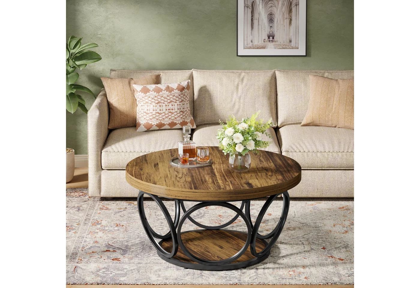 Tribesigns Couchtisch Runde Kaffeetisch Beistelltisch Industrial 2-Tier-Kreis Holztisch Holzmaserung - Bild 4