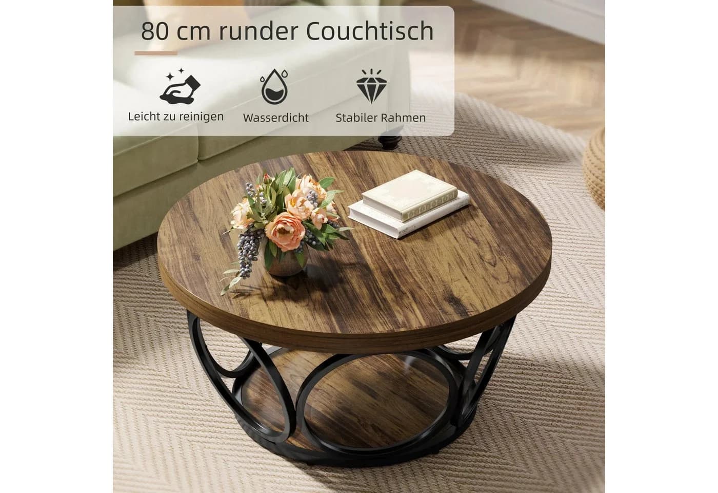 Tribesigns Couchtisch Runde Kaffeetisch Beistelltisch Industrial 2-Tier-Kreis Holztisch Holzmaserung - Bild 5