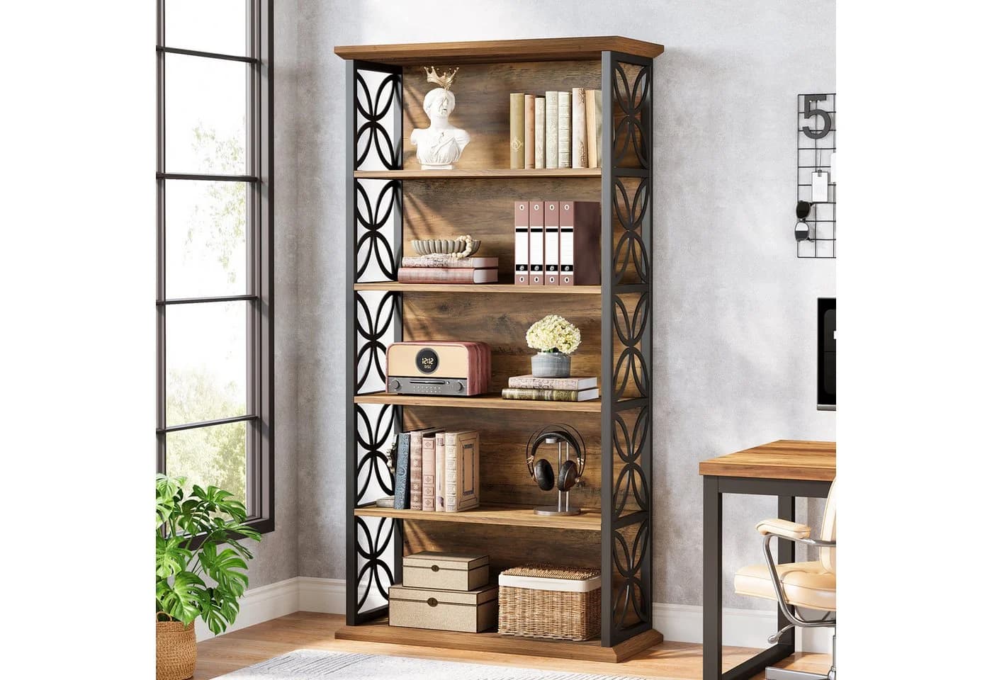 Tribesigns Bücherregal 180cm Industrielles Standregal 6 Ebenen Vintagebraun-Schwarz