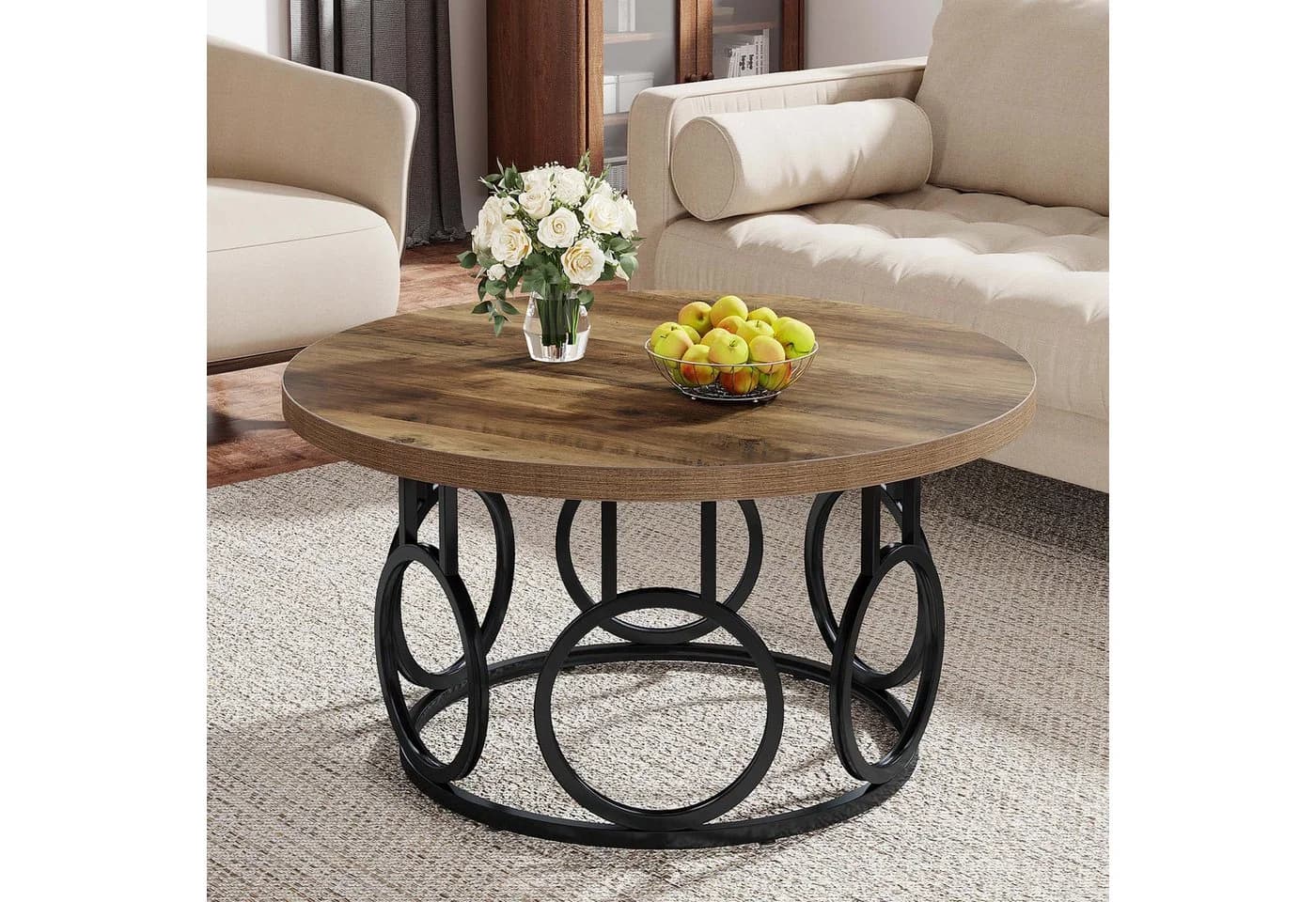 Tribesigns Couchtisch 80cm Runder Beistelltisch Braun MDF