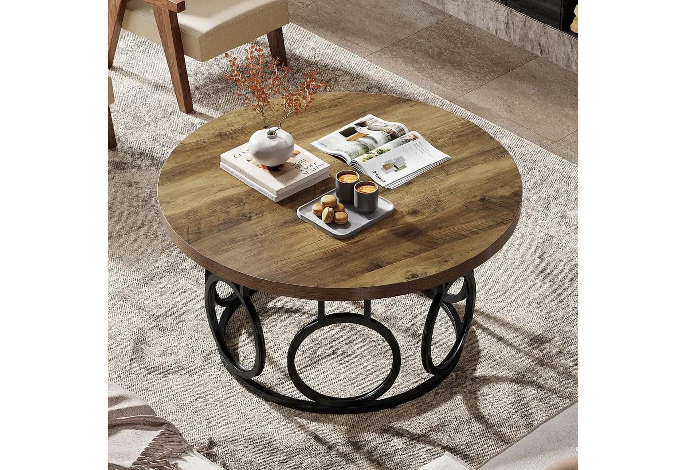 Tribesigns Couchtisch 80cm Runder Beistelltisch Braun MDF - Bild 4
