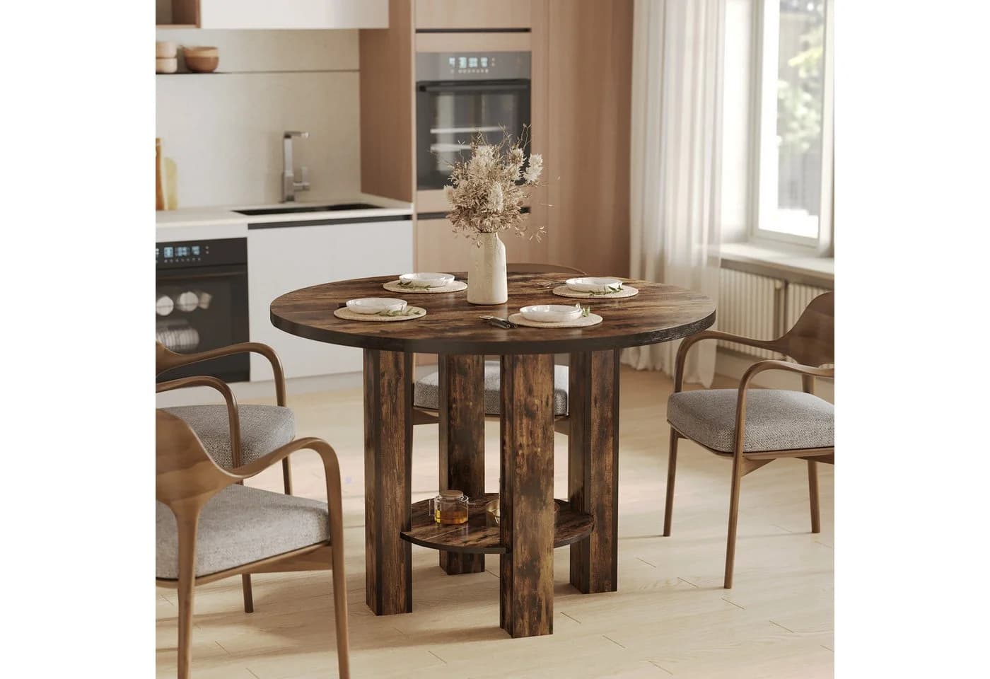 Tribesigns Runder Esstisch Vintagebraun mit Regal