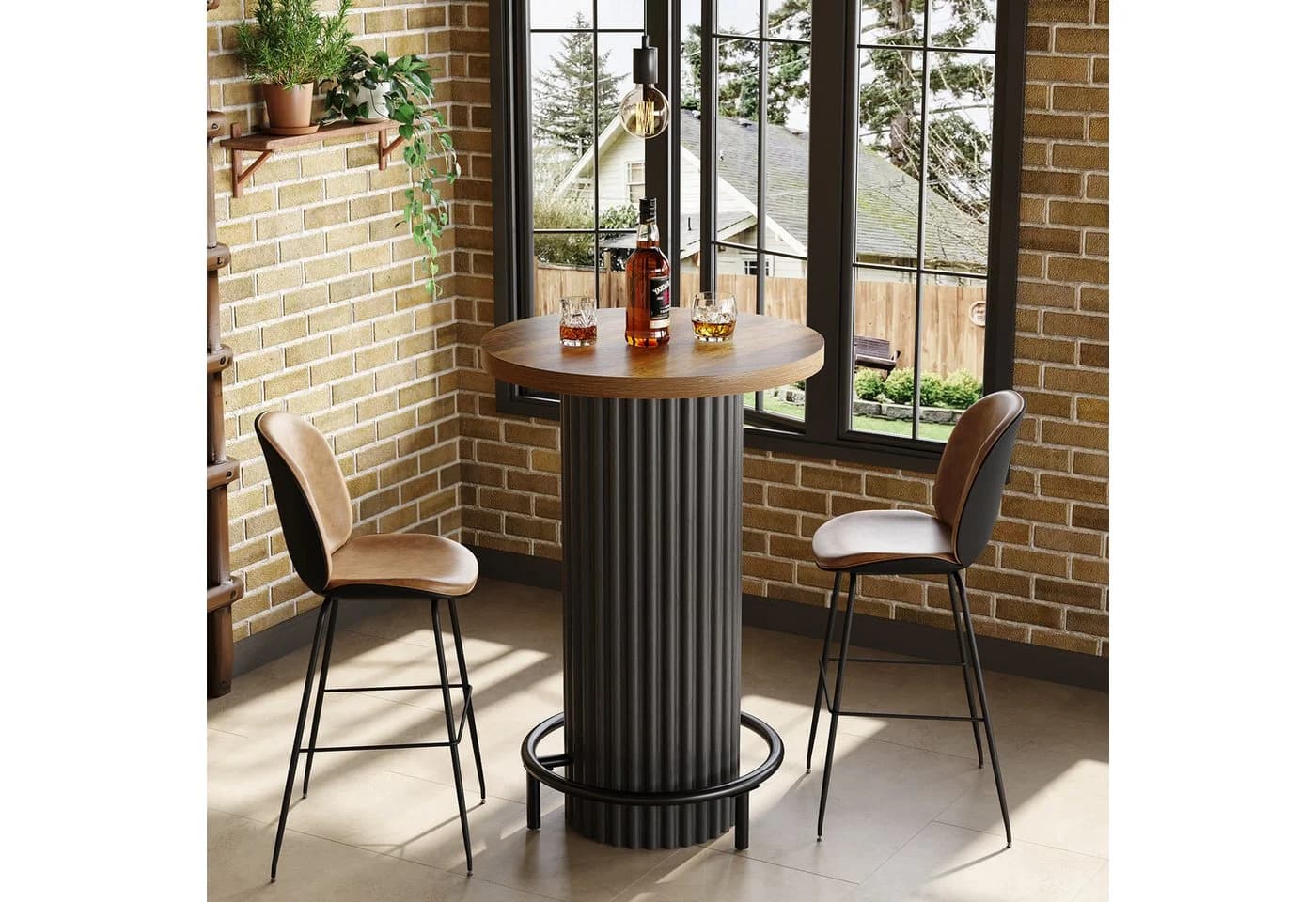 Tribesigns Bartisch 100 cm mit Metallfußstütze, Rundtisch Braun/Schwarz - Bild 2