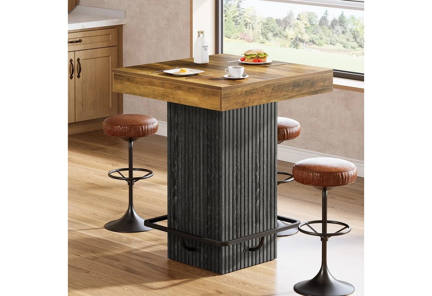 Tribesigns Bartisch 80x80 cm Braun Grau Metallfußstütze
