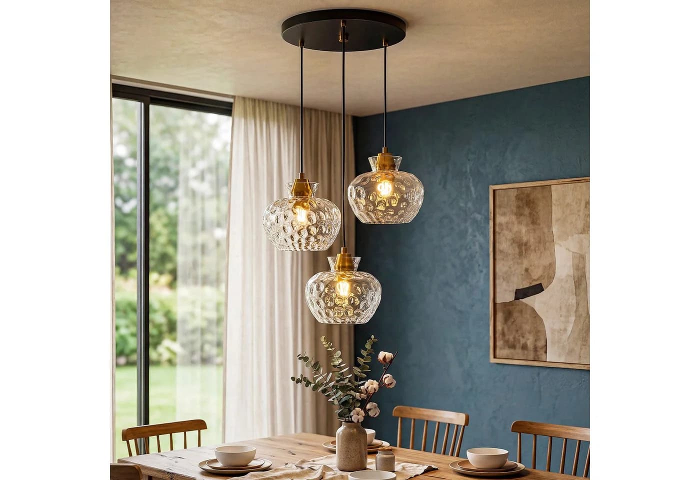 Tribesigns Pendelleuchte 3-flammig Gold Wasserriffel-Glas Vintage