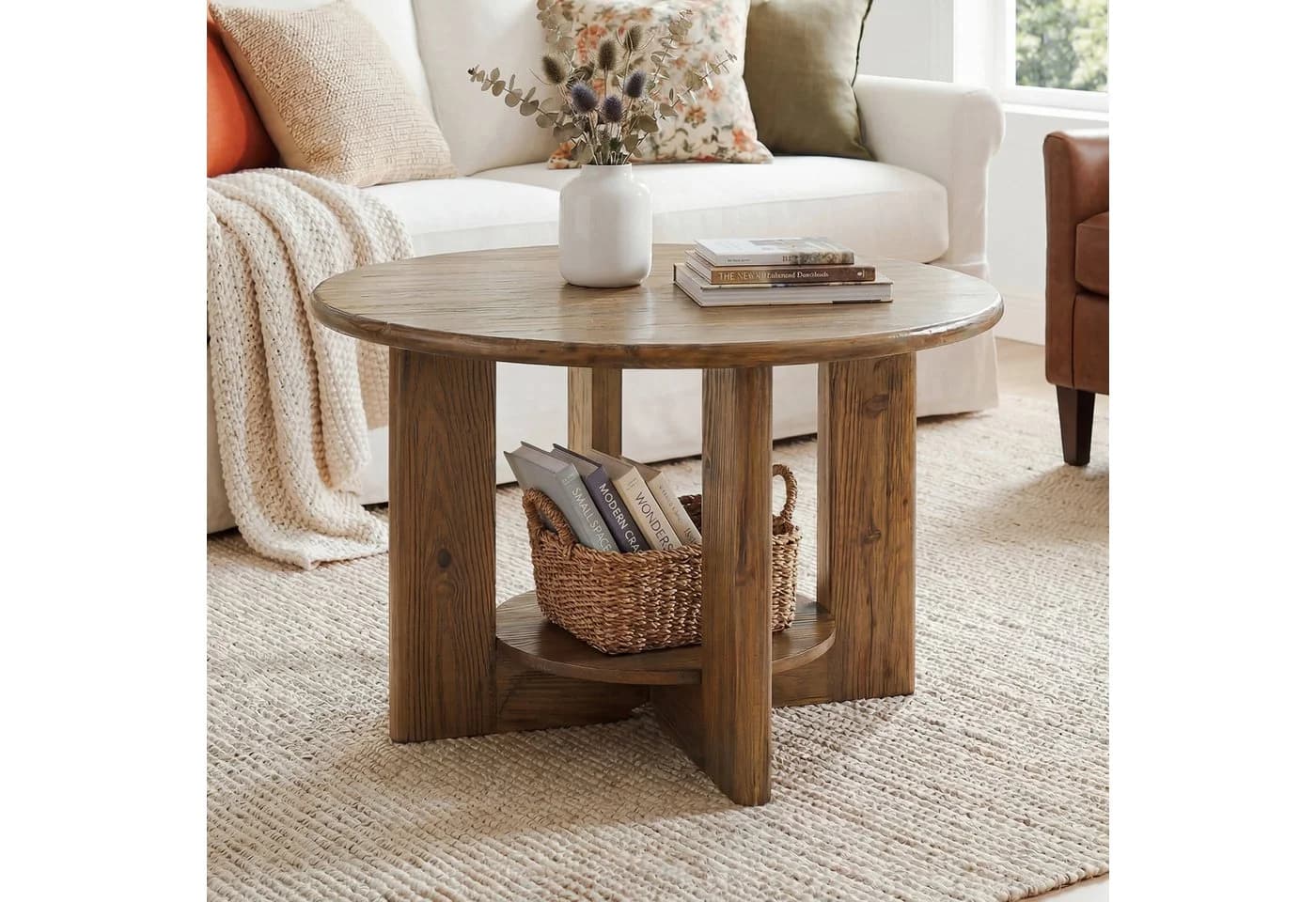 Tribesigns Couchtisch Massivholz Rund Braun - Bild 2