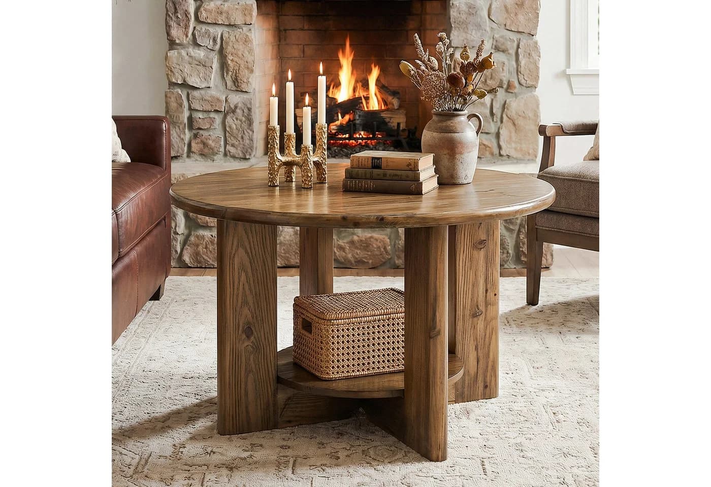 Tribesigns Couchtisch Massivholz Rund Braun - Bild 5