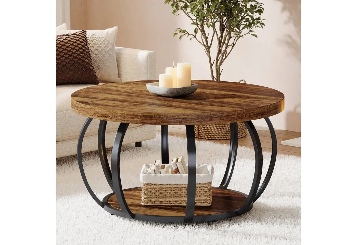 Tribesigns Runder Couchtisch Industrial 2 Etagen Braun Holz Metall