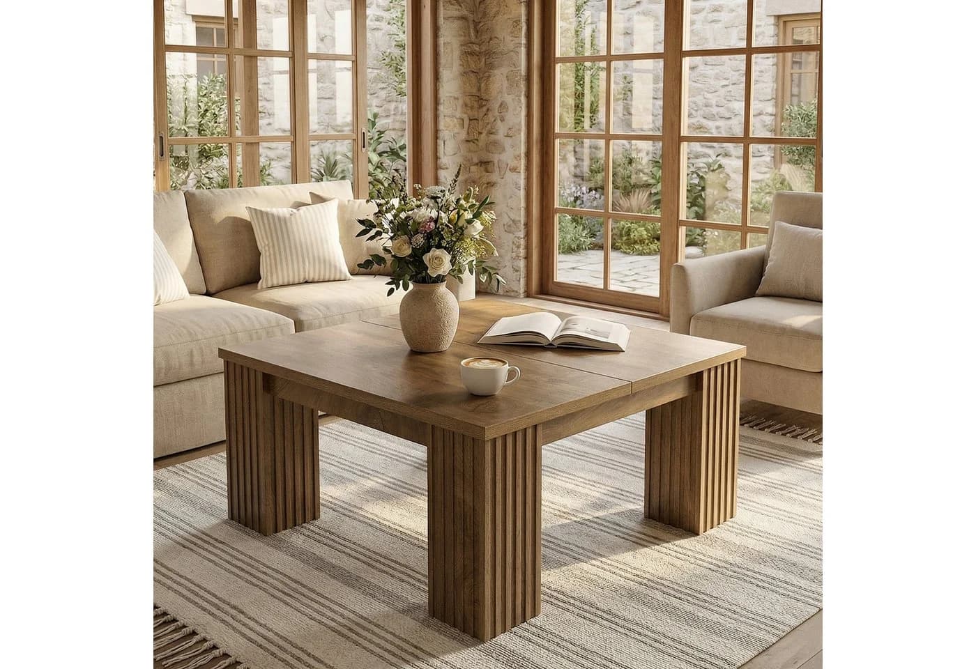 Tribesigns Couchtisch 100 cm Quadratisch Braun Geriffelte Beine