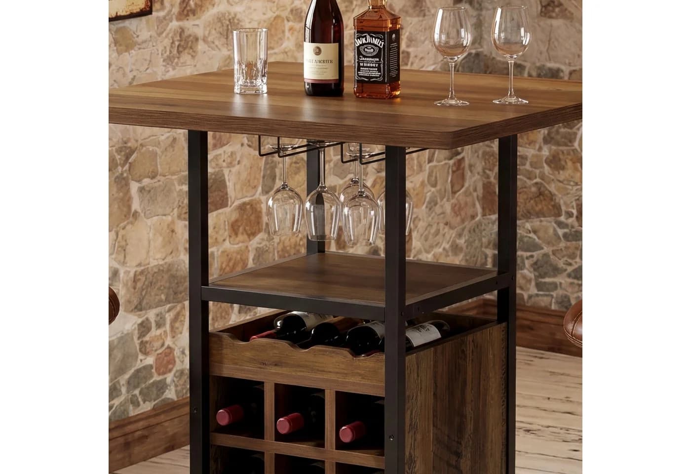 Tribesigns Bartisch 95cm quadratisch mit Weinregal und Glashalter
