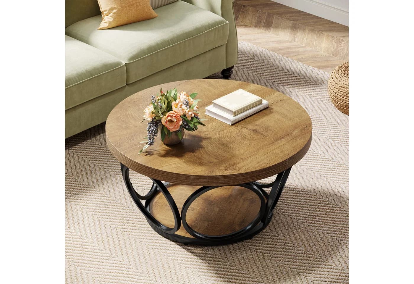 Tribesigns Runder Couchtisch Industrial 2-Tier Braun/Schwarz - Bild 4