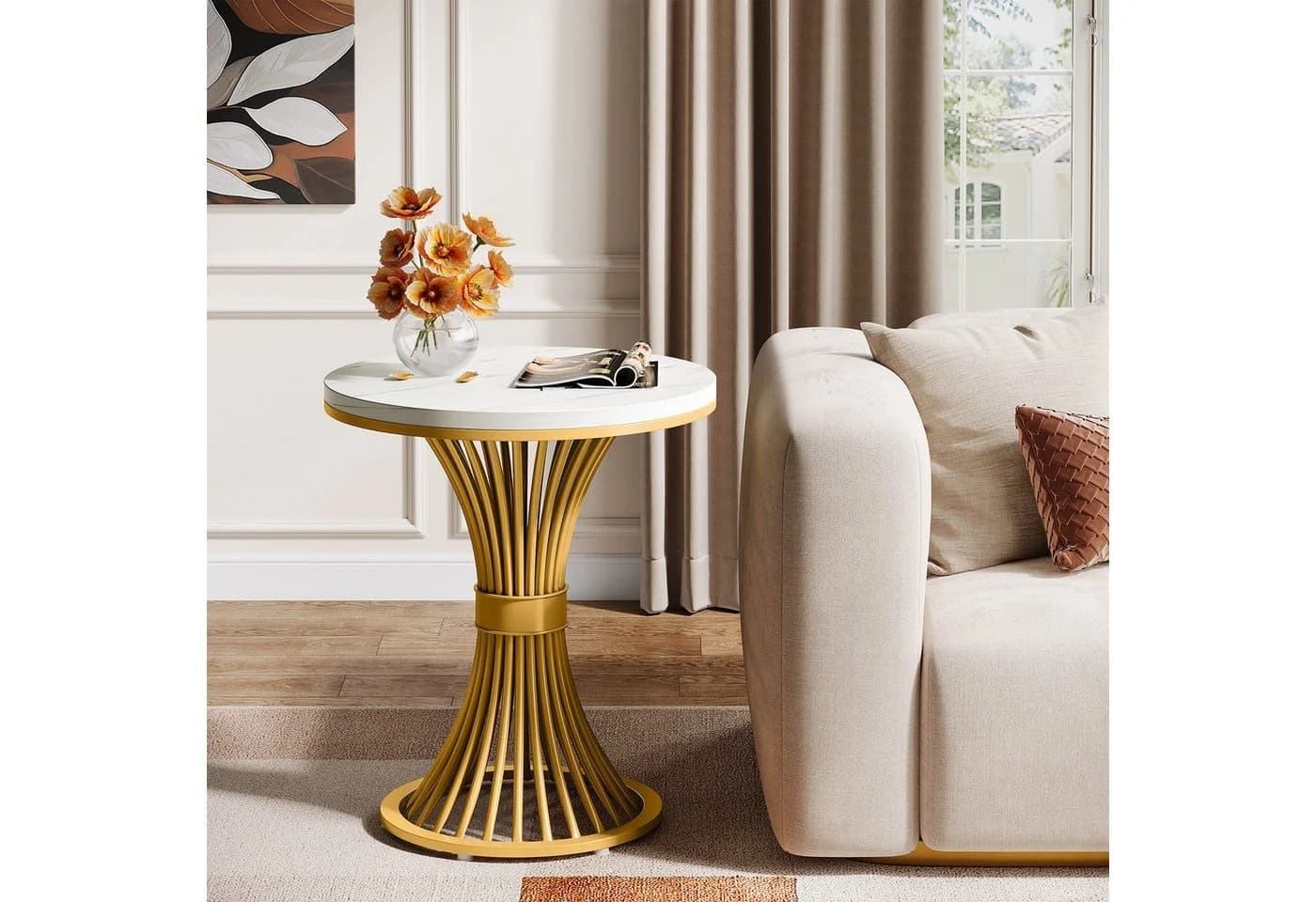Tribesigns Beistelltisch Rund 50cm Kunstmarmor Weiß Gold Metallbasis