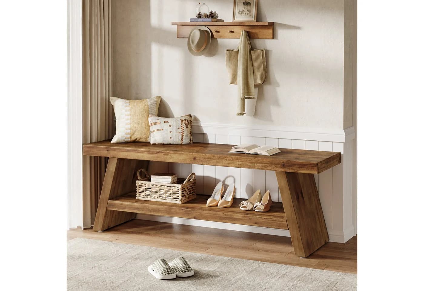 Tribesigns Schuhbank 120 cm Flurbank Massivholz Braun - Bild 2