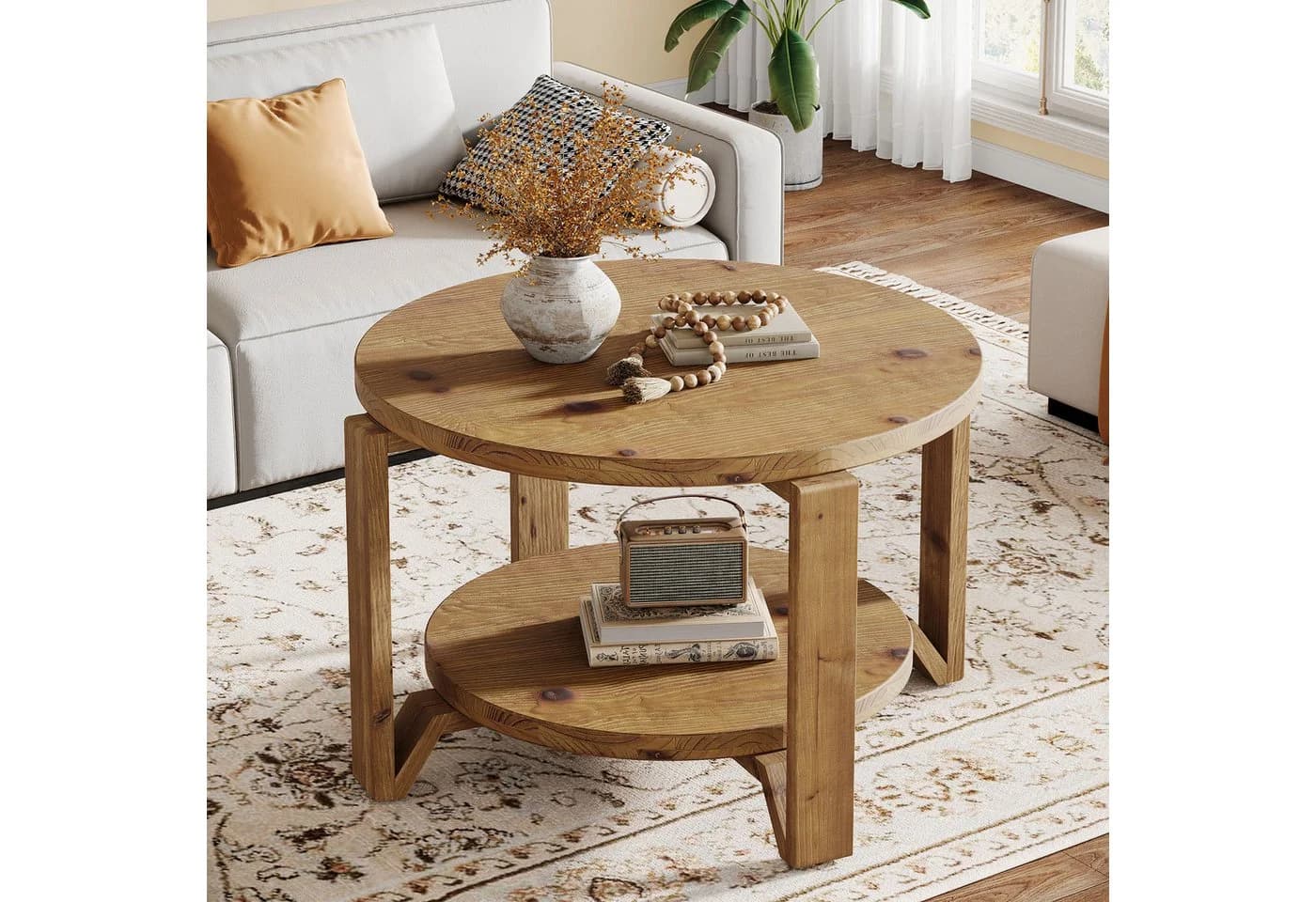 Tribesigns Runder Couchtisch Massivholz Nussbaum 80 cm mit Ablage