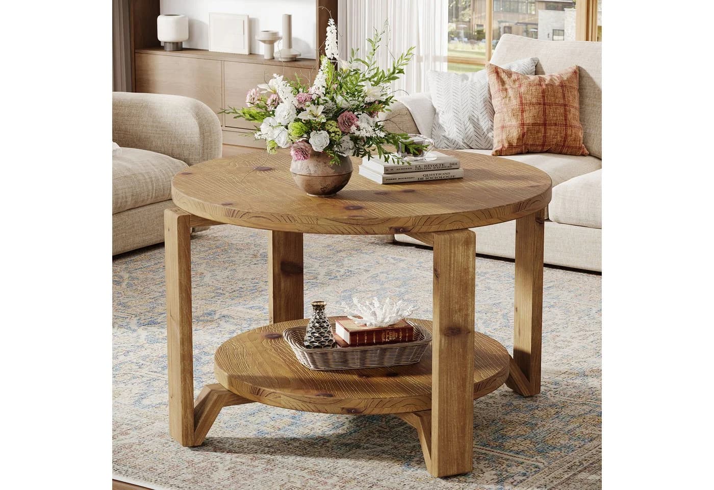 Tribesigns Runder Couchtisch Massivholz Nussbaum 80 cm mit Ablage - Bild 2