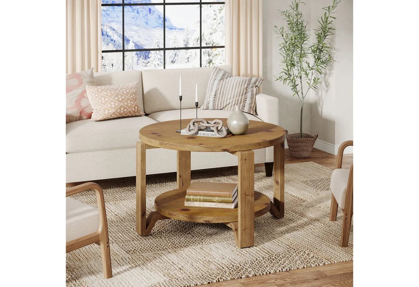 Tribesigns Runder Couchtisch Massivholz Nussbaum 80 cm mit Ablage - Bild 3