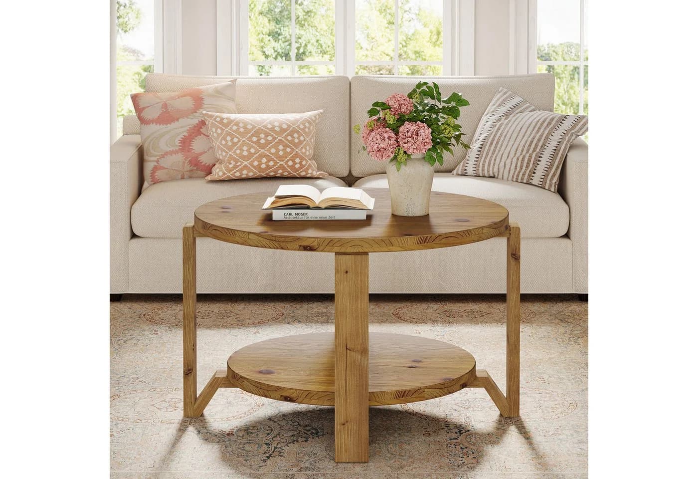 Tribesigns Runder Couchtisch Massivholz Nussbaum 80 cm mit Ablage - Bild 4