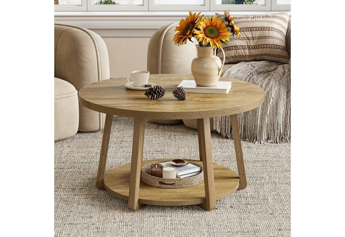 Tribesigns Runder Couchtisch 80 cm mit Stauraum und Holzbeinen