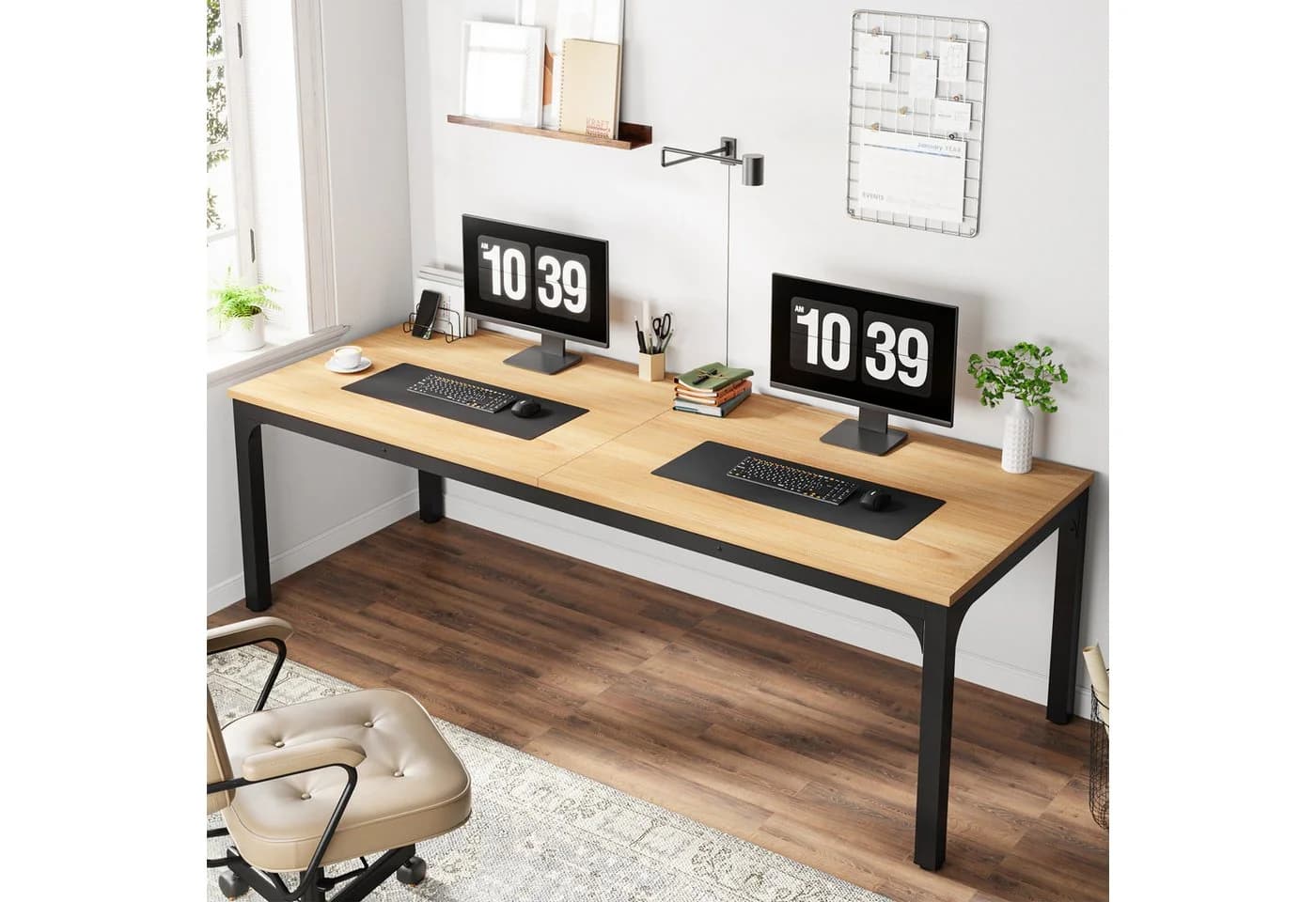 Tribesigns Computertisch 200x70x75cm Doppelter PC-Bürotisch Braun/Weiß