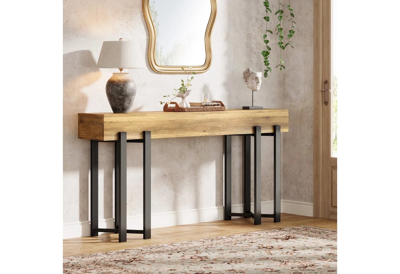 Tribesigns Konsolentisch Eiche Optik Schwarz Metallgestell Landhausstil - Bild 2