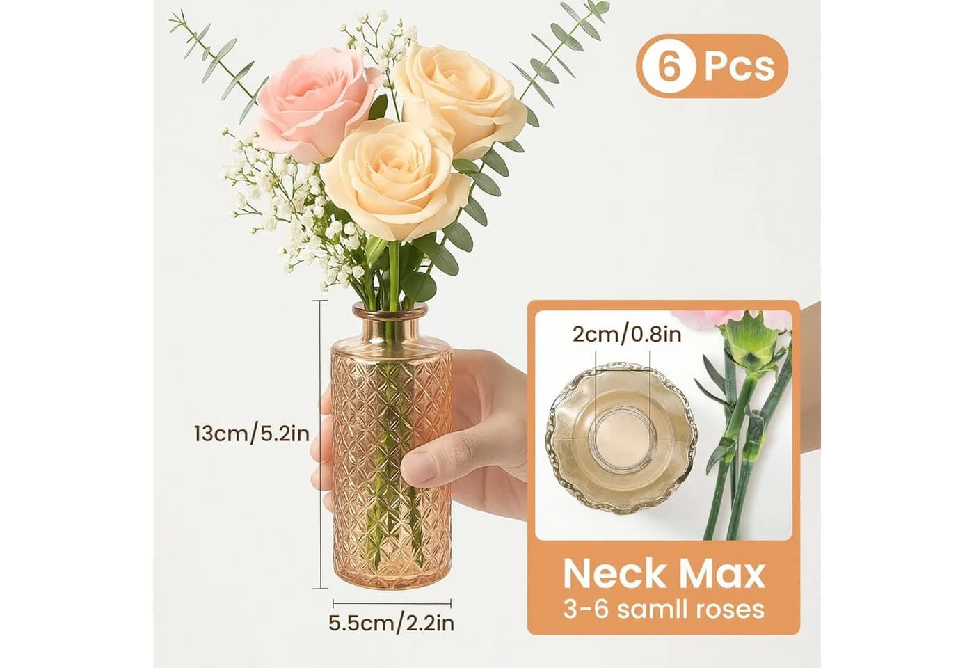 Youyijia 6er Set Glasvasen Vintage Transparent Diamantmuster