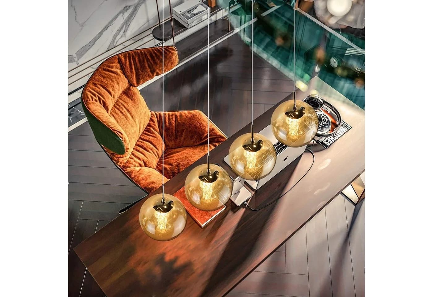 ZMH Pendelleuchte 4-flammig bernsteinfarbenes Glas höhenverstellbar - Bild 3